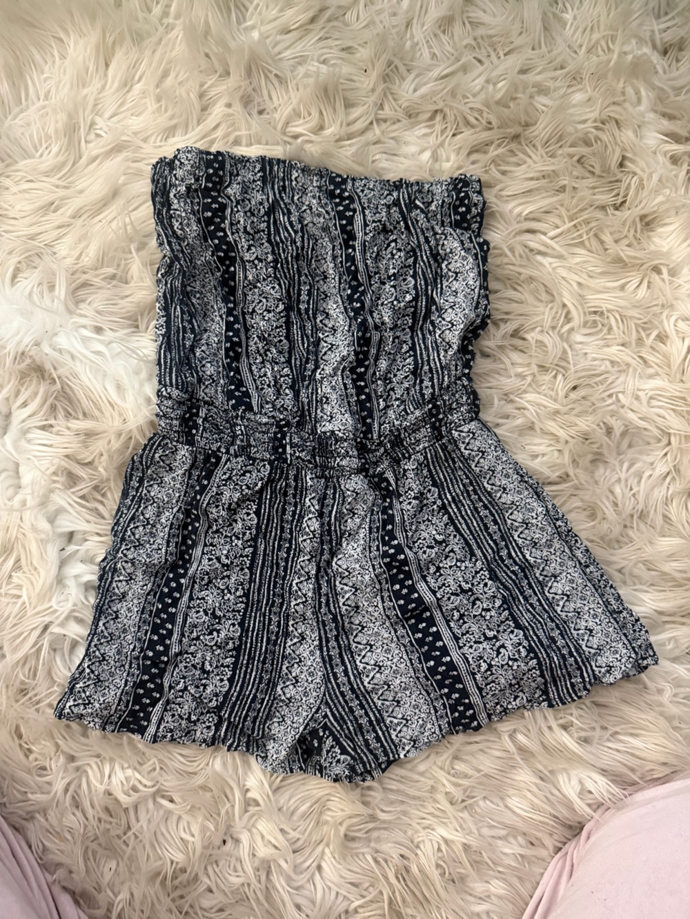 Forever 21 Strapless Navy & White Patterned Romper Dress